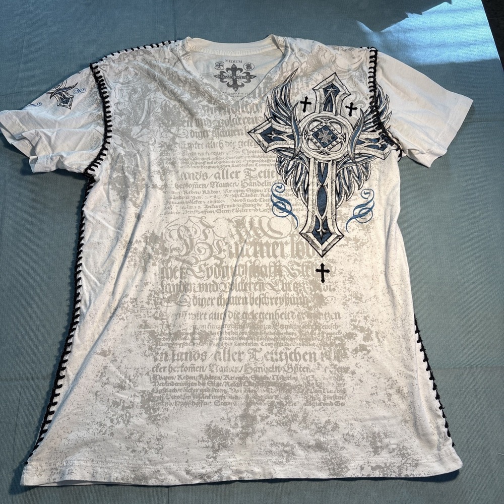 Raw State Mens V-Neck Graphic Tee White Cross Winged Whipstitch Y2K Medium